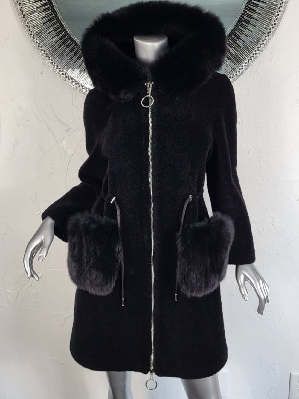 $895~LA FIORENTINA~S/M~BLACK GENUINE FOX FUR REAL SHEARLING HOODED PARKA COAT